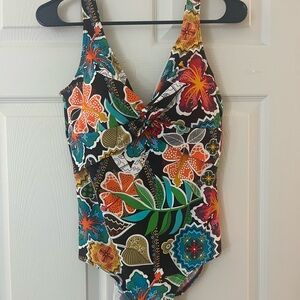 Orange and Brown One Piece Swimsuit with V-Neck